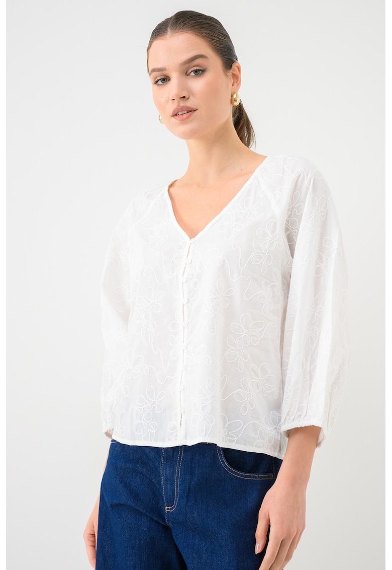 Camasa cu maneci bufante si broderie florala - Alb