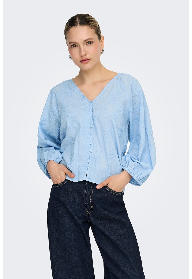 Camasa cu maneci bufante si broderie florala - Albastru lavanda