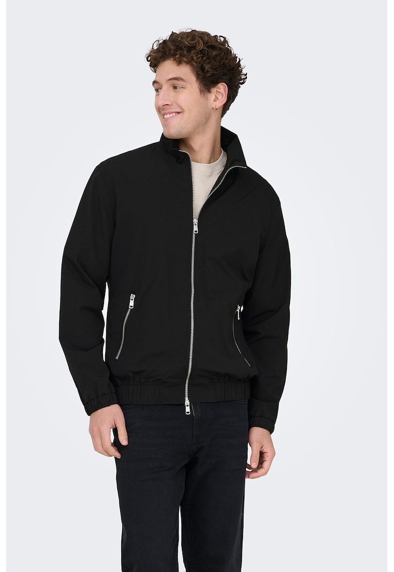 Jacheta cu guler inalt si buzunare cu fermoar - Negru