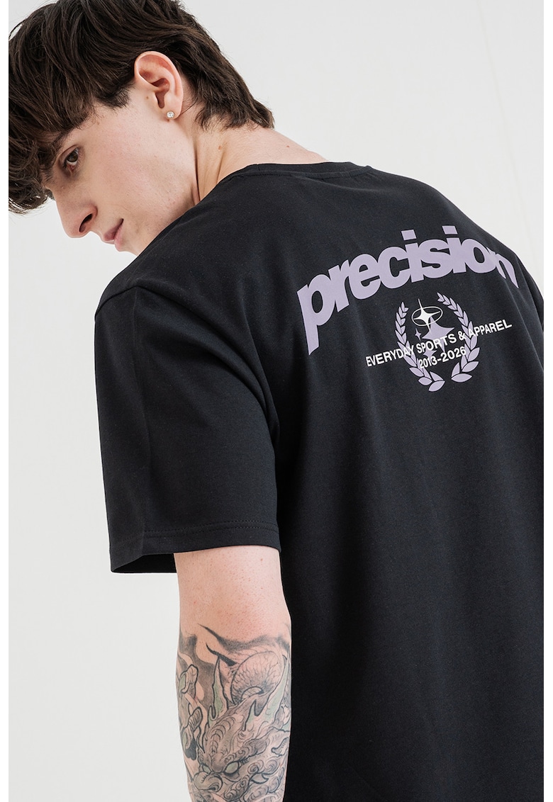 Tricou cu decolteu la baza gatului si imprimeu text - Negru/Violet prafuit