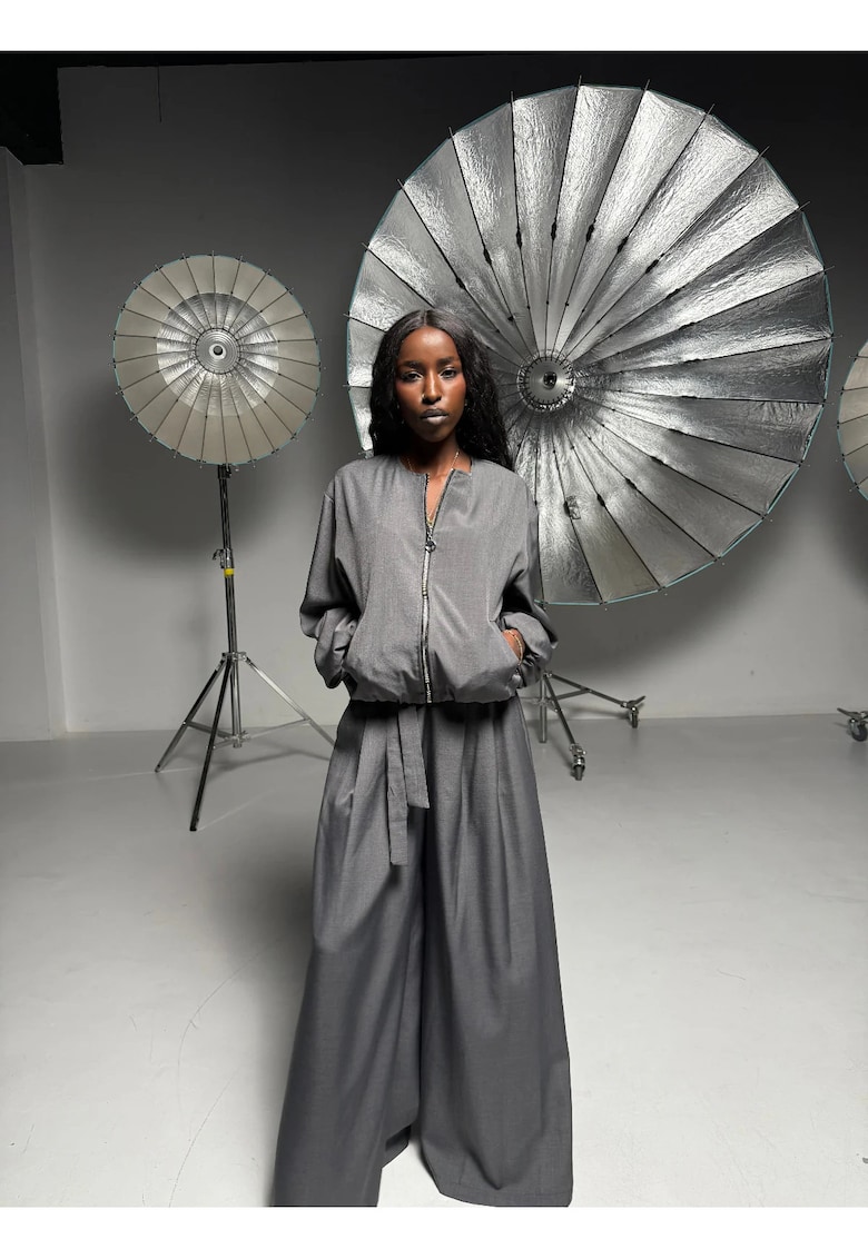 Set de jacheta bomber si pantaloni palazzo Voyageuse - Gri