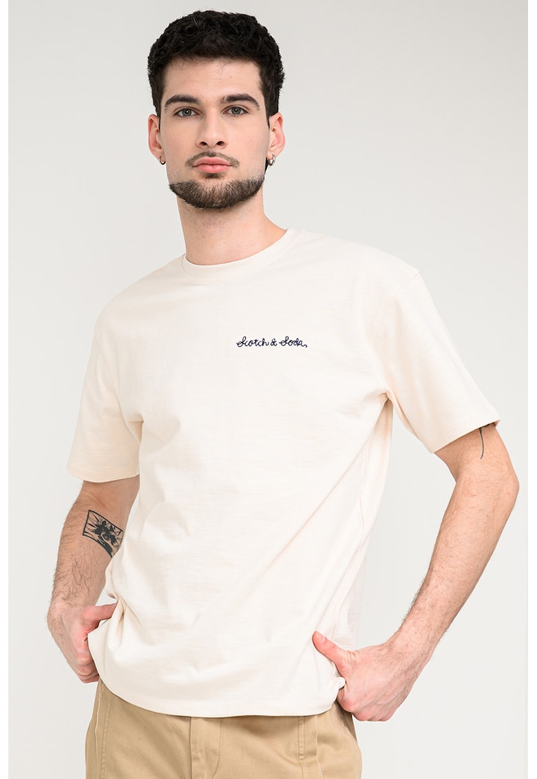 Tricou cu decolteu la baza gatuui si logo - Bej deschis