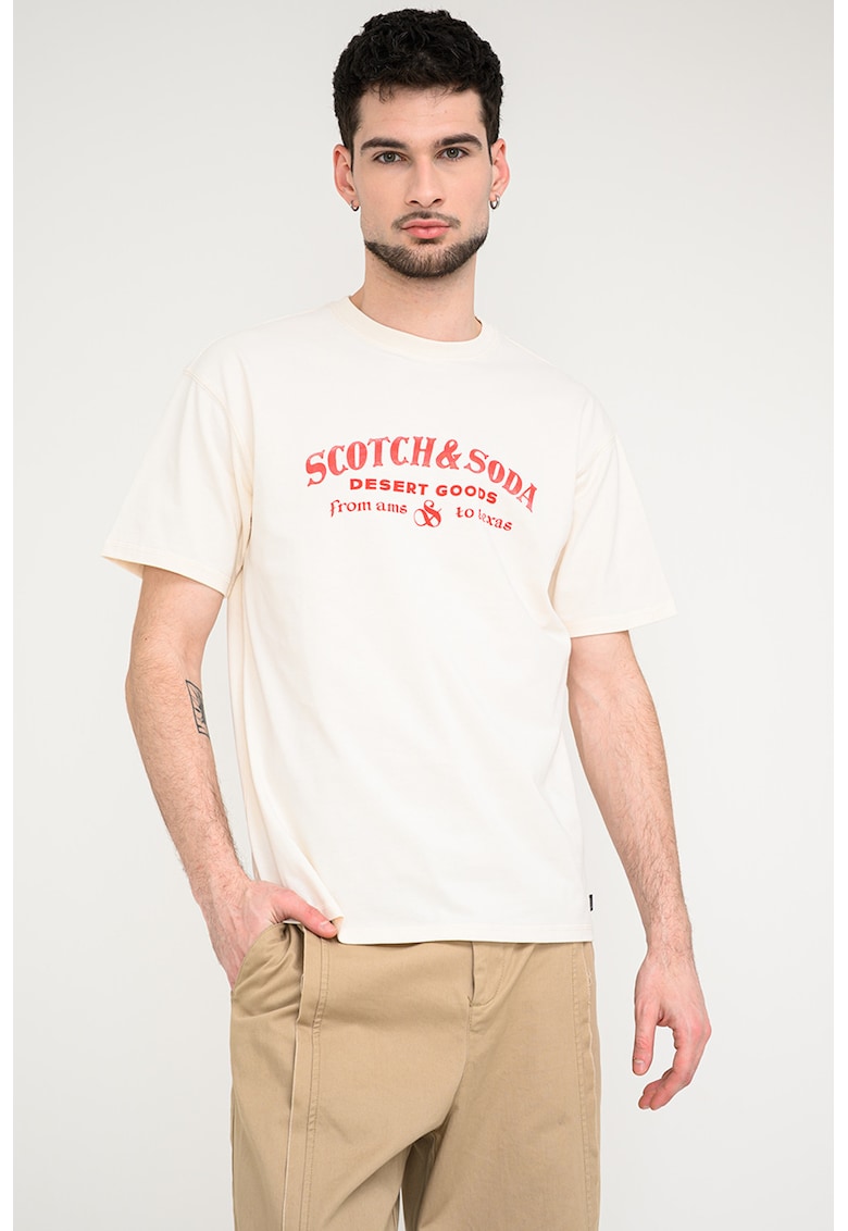 Tricou din bumbac organic cu imprimeu logo - Rosu/Bej deschis