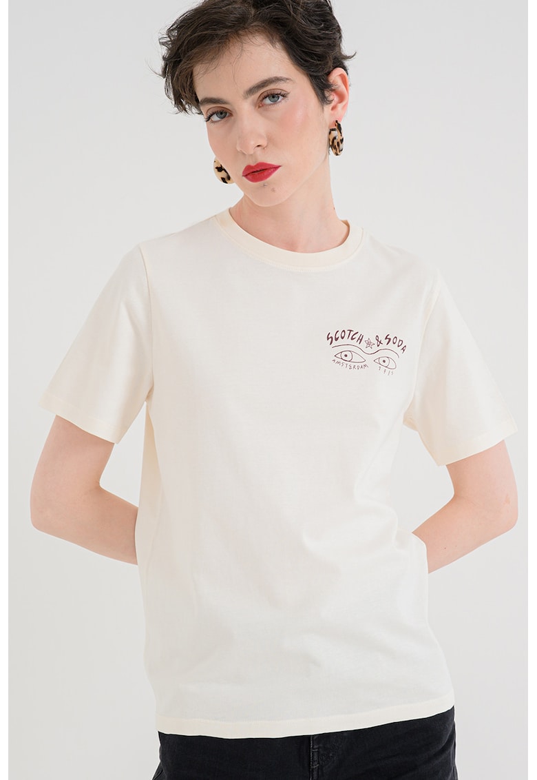 Tricou cu decolteu rotund si logo - Visiniu/Bej deschis