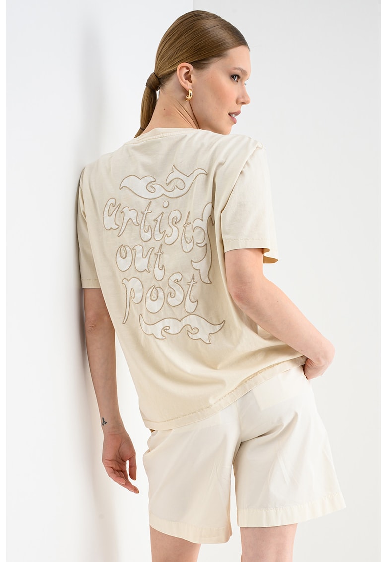 Tricou de bumbac cu imprimeu text - Bej deschis
