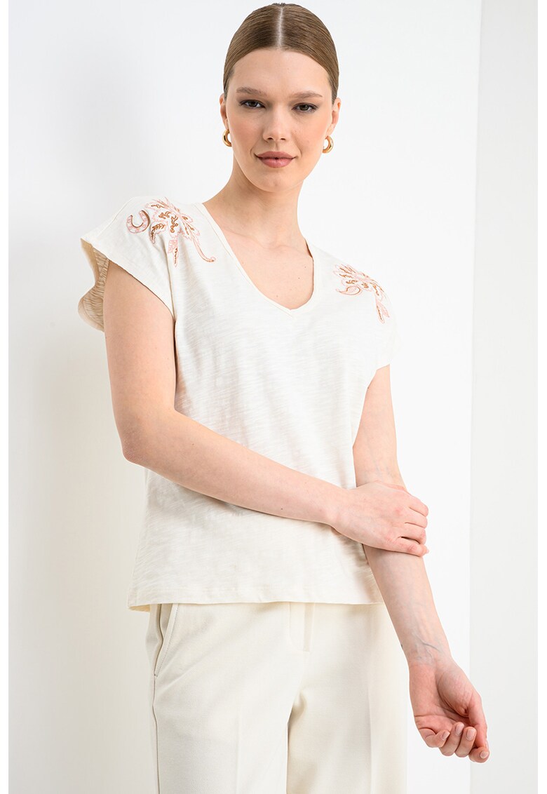 Tricou cu decolteu in V si broderie - Bej pal