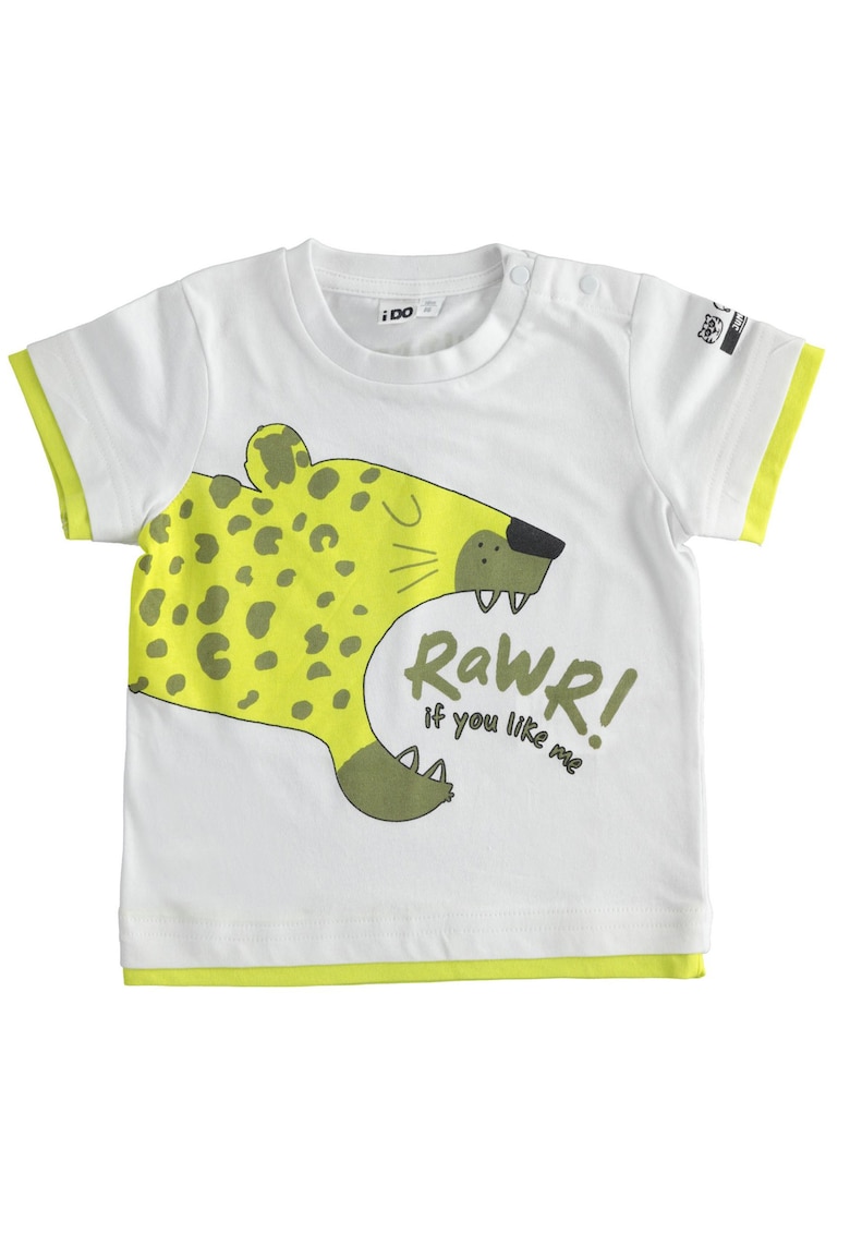 Tricou baieti iDO din bumbac 100% - cu imprimeu leopard verde si mesaj Rawr - maneca scurta - Alb - Galben -