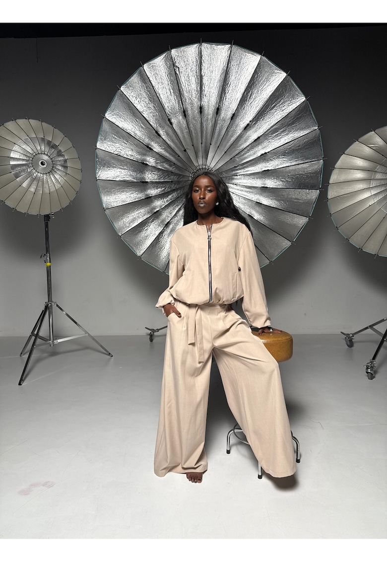 Set de jacheta bomber si pantaloni palazzo Voyageuse - Bej