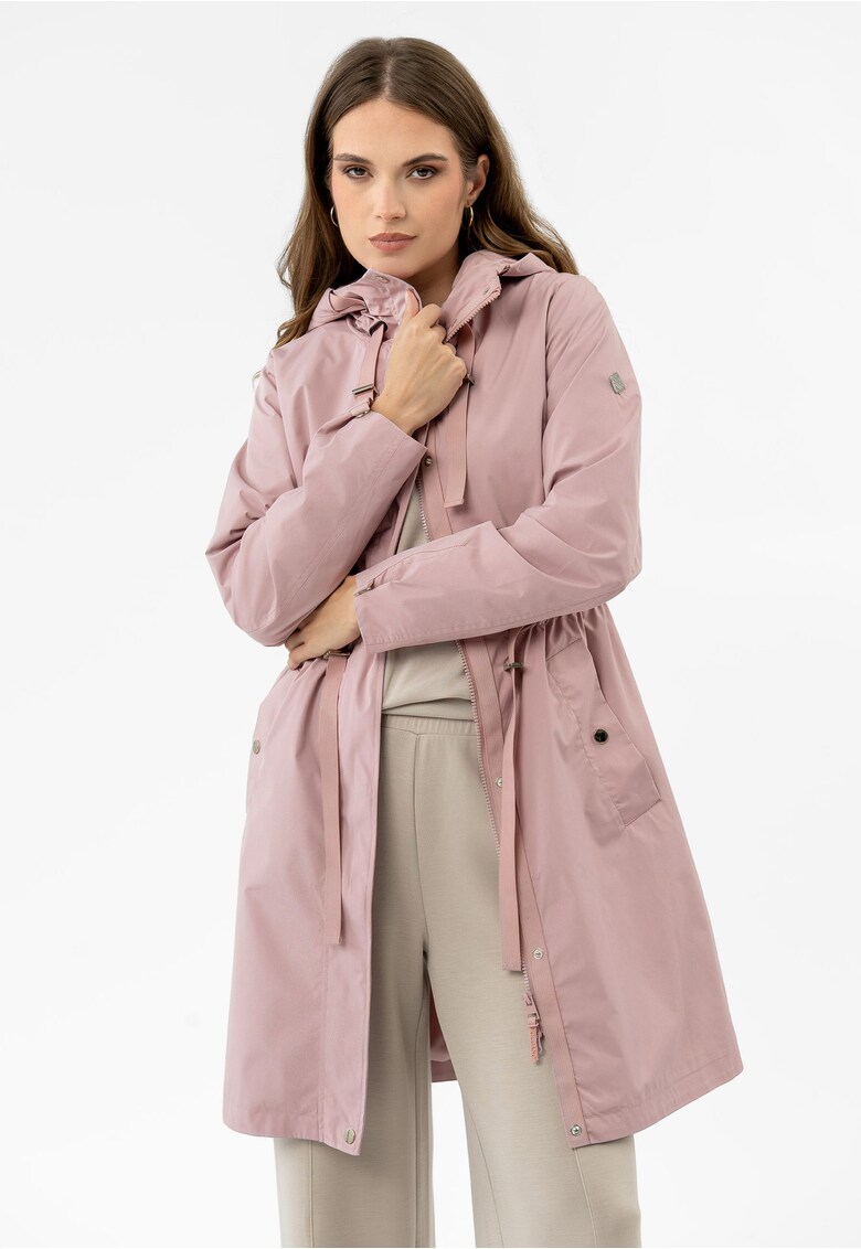 Jacheta impermeabila pana la genunchi - cu gluga - ajustabila la talie - J-Izra - roz - Roz deschis
