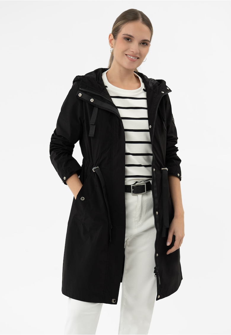 Jacheta impermeabila pana la genunchi - cu gluga - ajustabila la talie - J-Izra - neagra - Negru