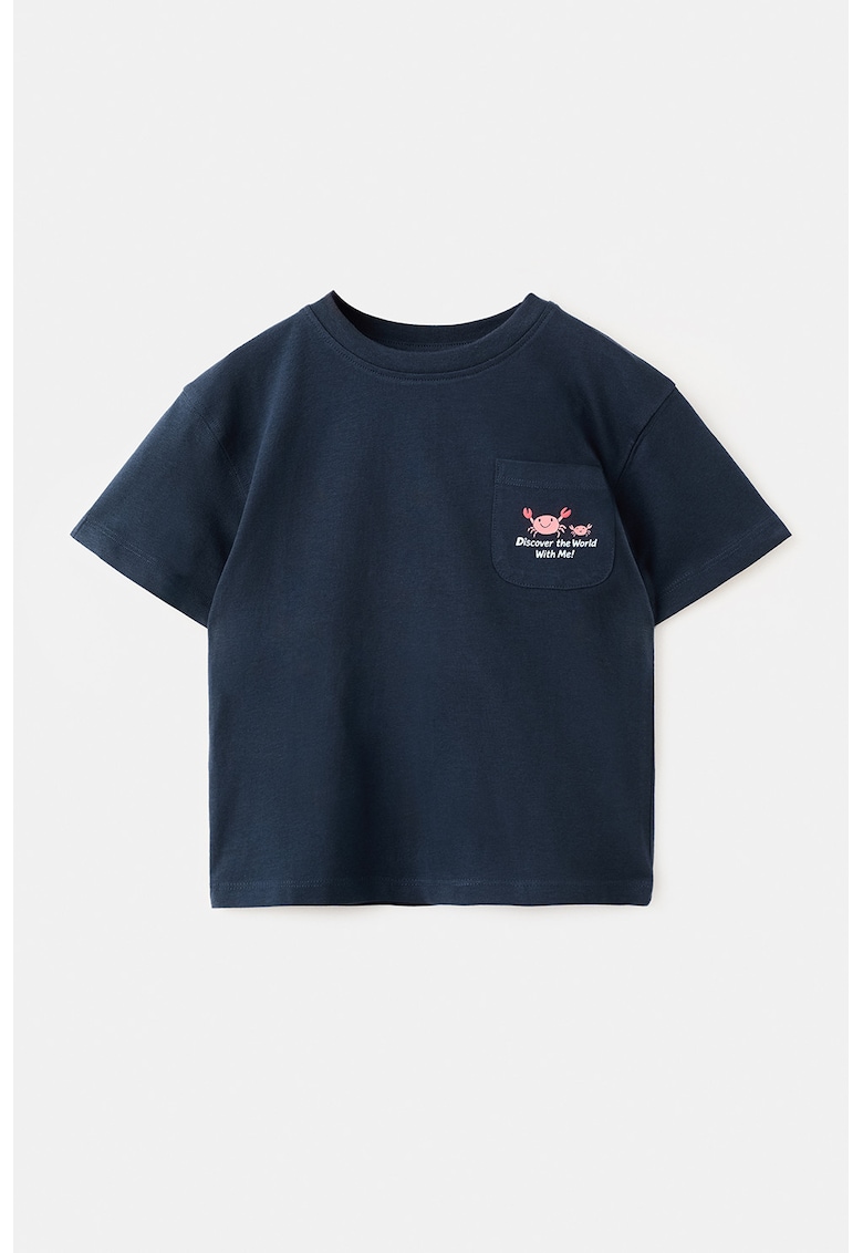 Tricou din bumbac cu imprimeu grafic si text - Albastru ultramarin/Roz