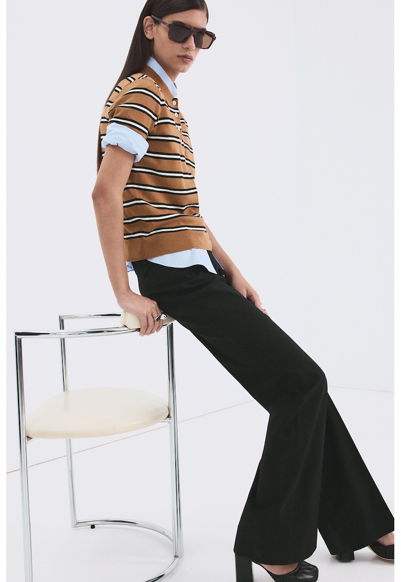 Bluza cu guler polo - maneci scurte si model in dungi - Alb/Negru/Maro