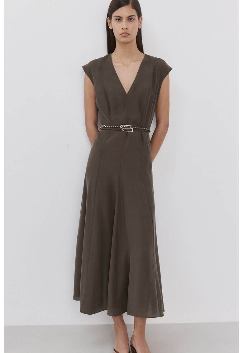 Rochie din amestec de modal cu decolteu in V si maneci scurte - Maro taupe