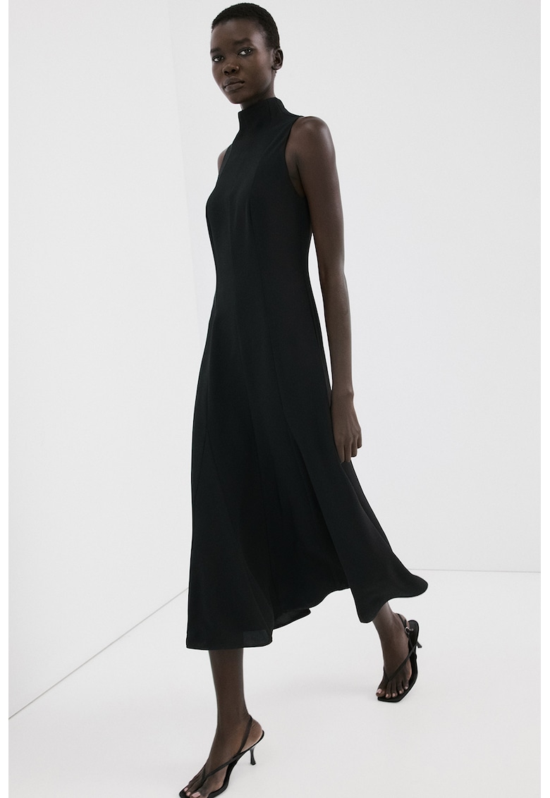 Rochie plisata cu guler mediu - Negru