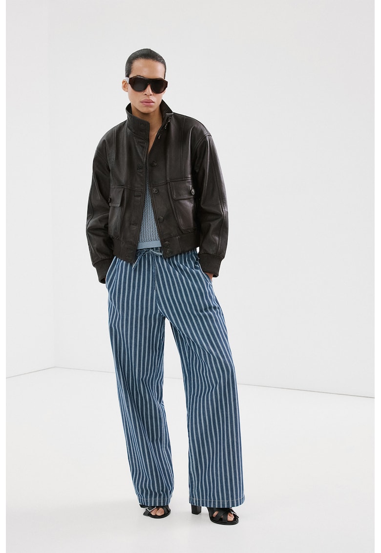 Pantaloni din bumbac cu model in dungi si snur de ajustare - Alb/Albastru