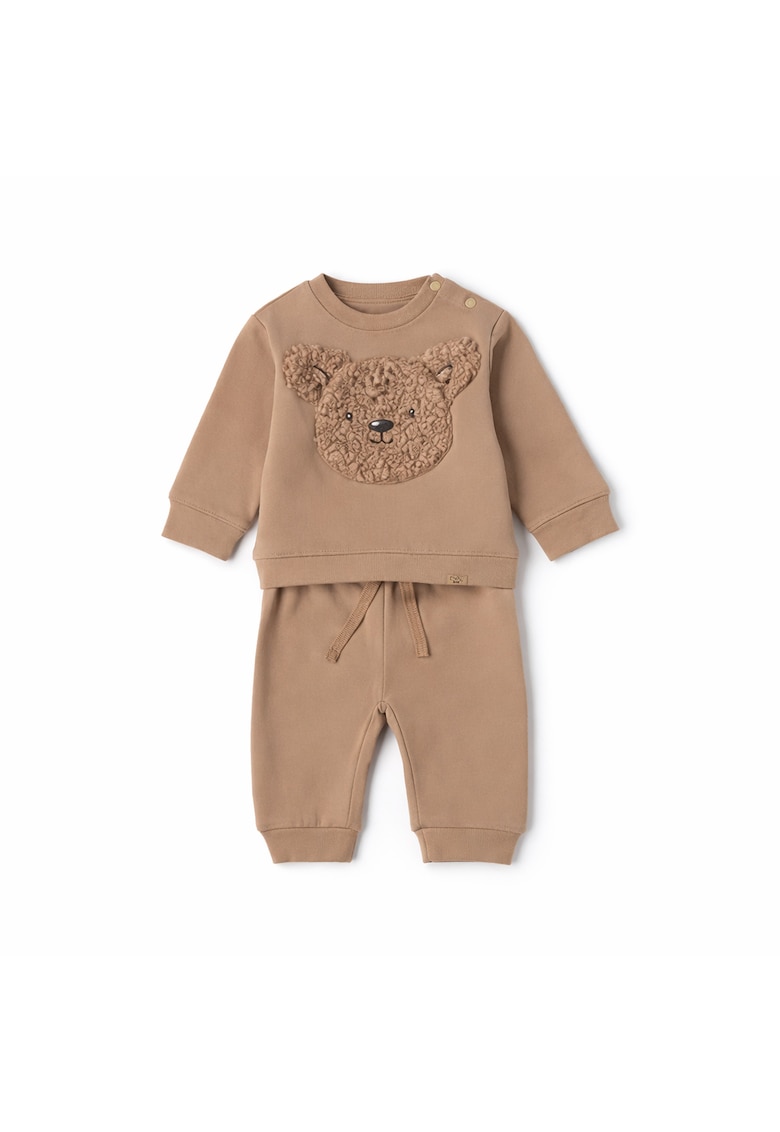 Set trening bebe baieti iDO - 2 piese din bumbac gros periat - bluza cu ursulet si pantaloni cu talie elastica - Maro - Maro