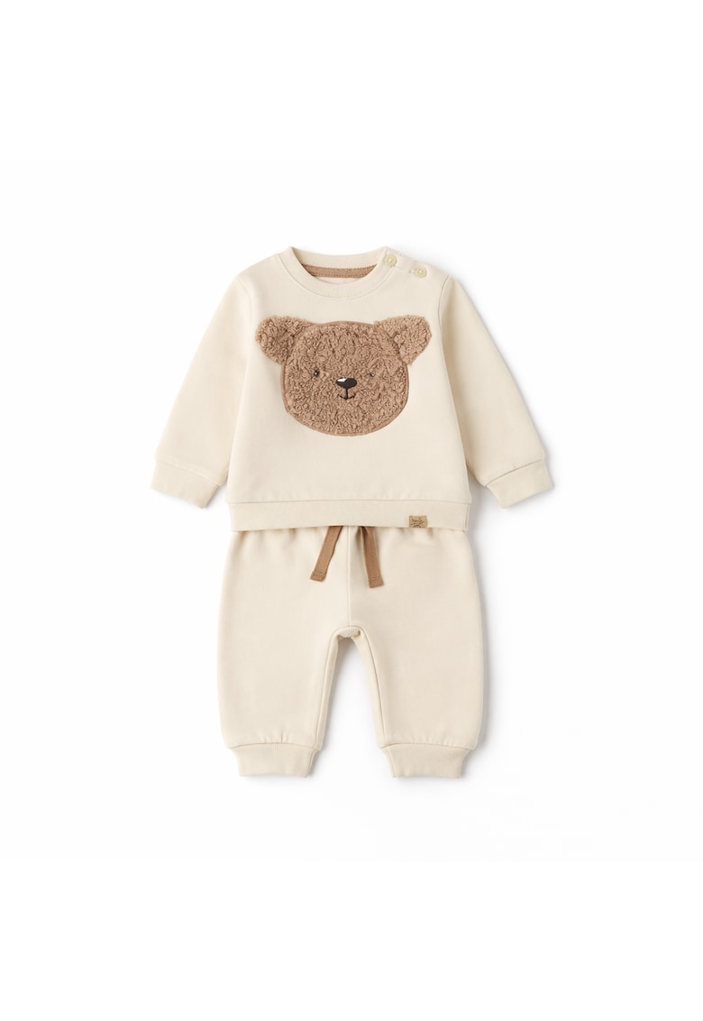 Set trening bebe baieti iDO 2 piese din bumbac gros peria bluza cu ursulet si pantaloni cu talie elastica - Bej deschis