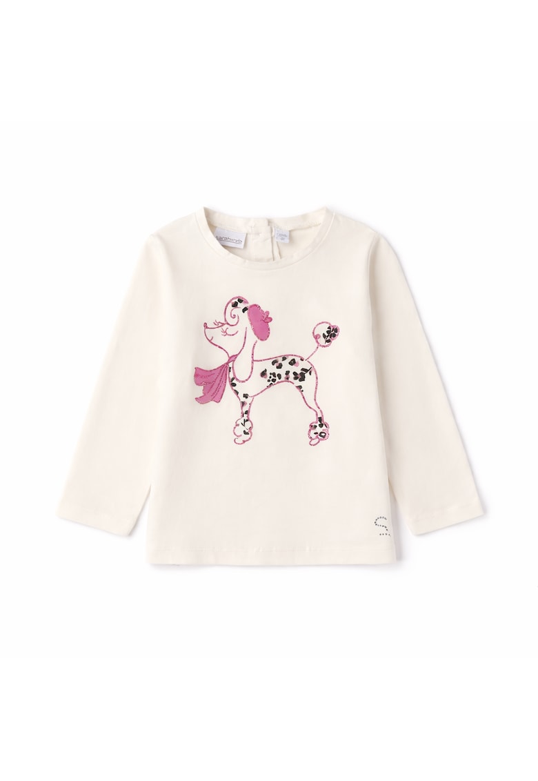 Bluza fete din bumbac elastic cu imprimeu pudel si aplicatii stras maneca lunga Alb crem