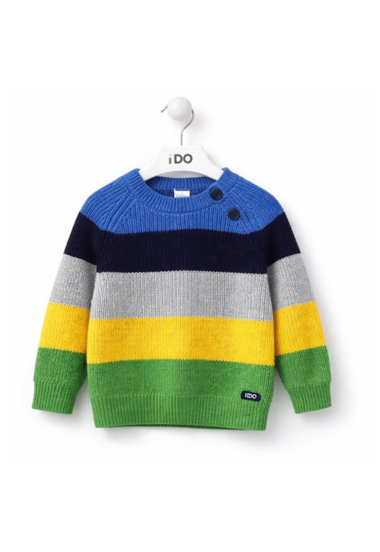 Pulover baiat iDO tricotat in dungi - cu nasturi pe umar bumbac si lana Multicolor