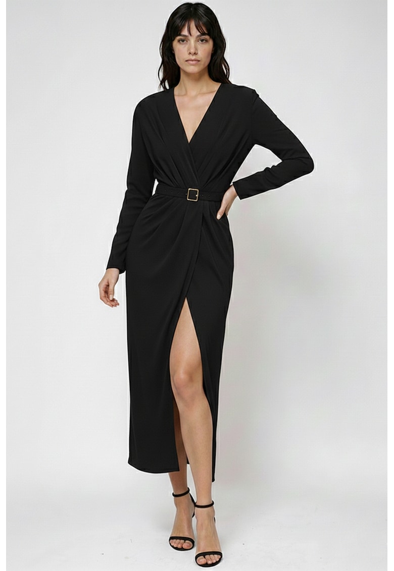 Rochie cu decolteu in V si slit lateral - Negru