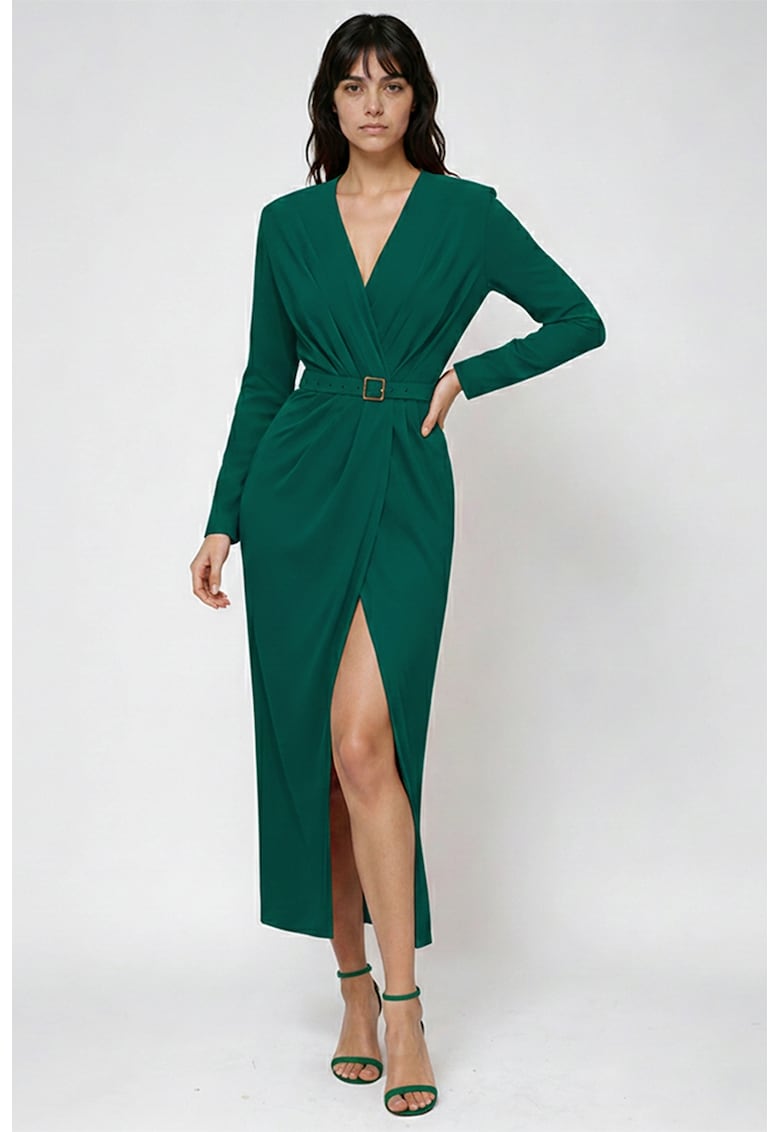 Rochie cu decolteu in V si slit lateral - Verde