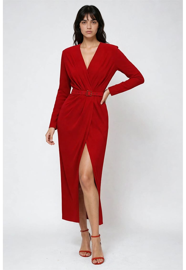 Rochie cu decolteu in V si slit lateral - Rosu