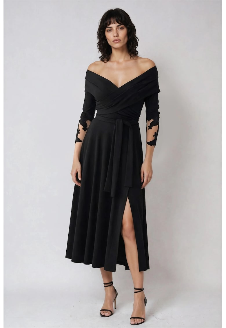 Rochie cu decolteu pe un umar si slit lateral - Negru