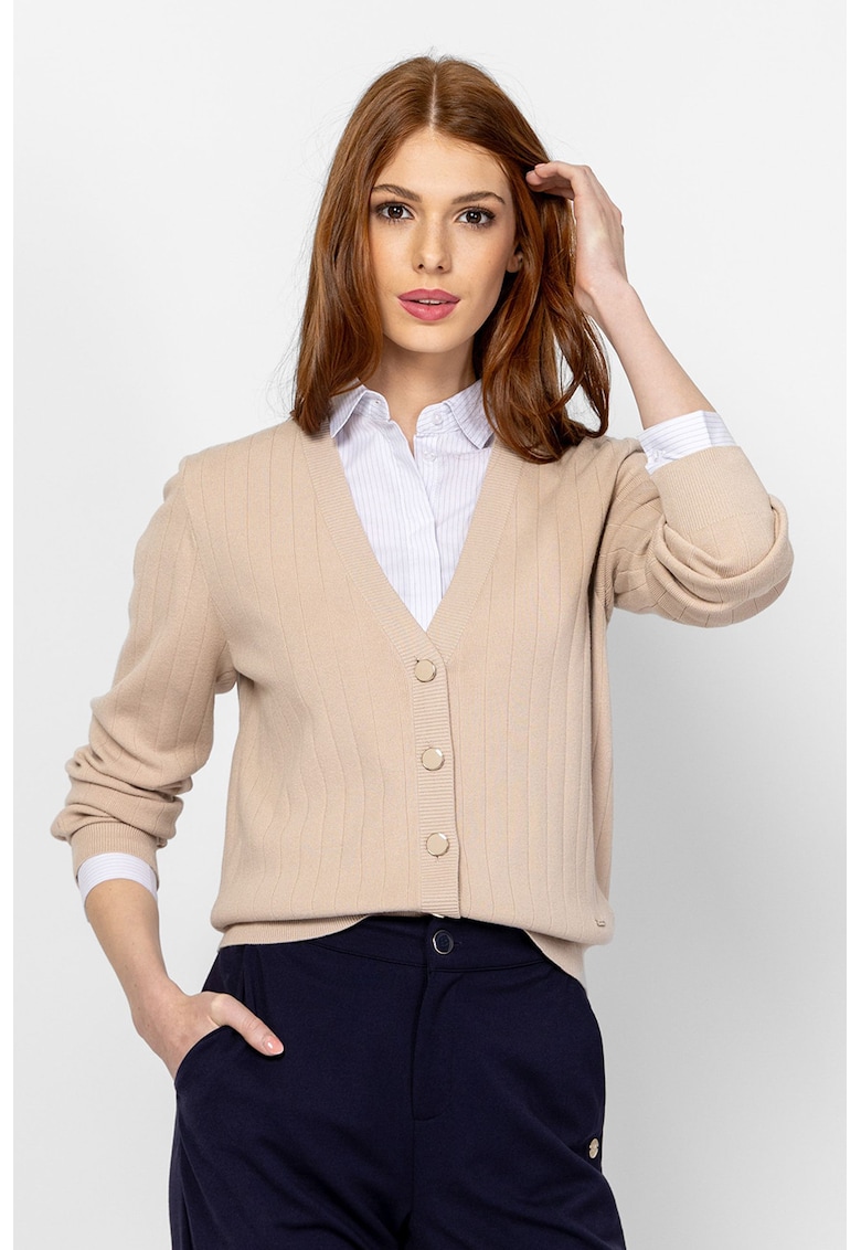 Pulover cu decolteu in V si nasturi Hiela - Maro nisip