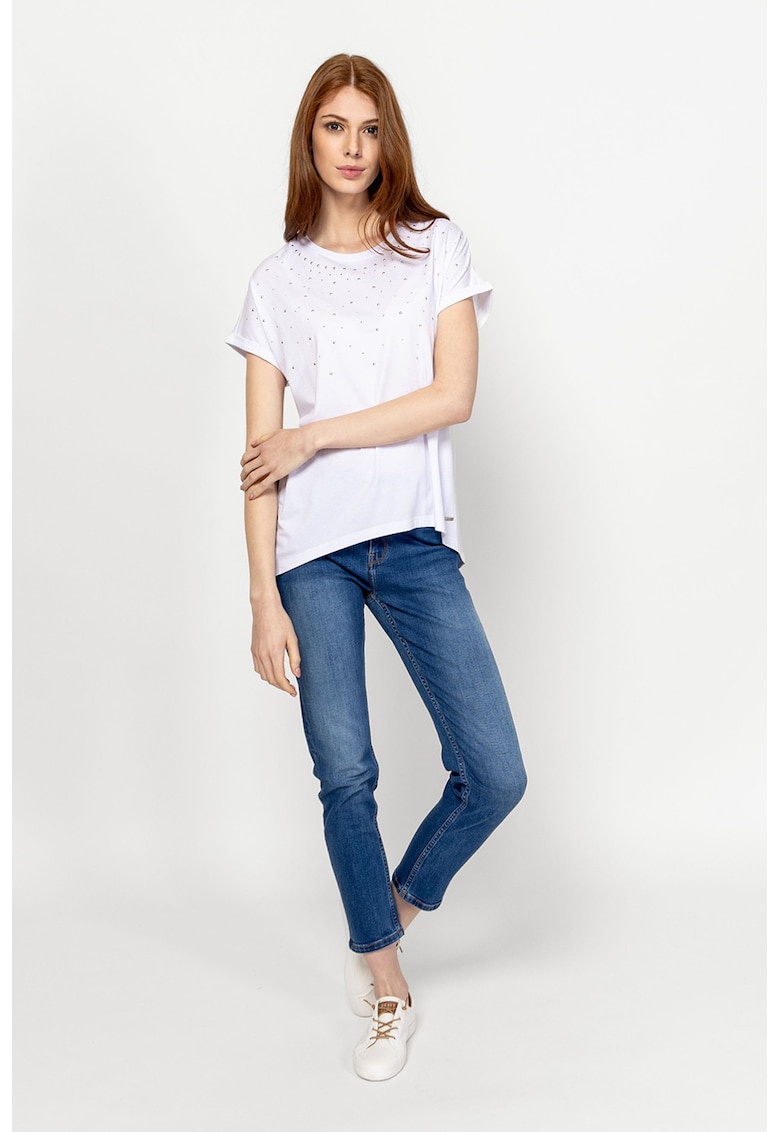 Tricou asimetric din amestec de modal cu aplicatie cu strasuri - Alb optic
