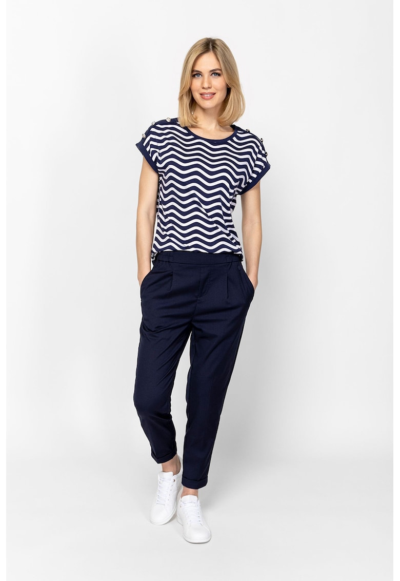 Tricou cu model in dungi si aplicatii cu nasturi pe umeri Milena - Alb/Bleumarin