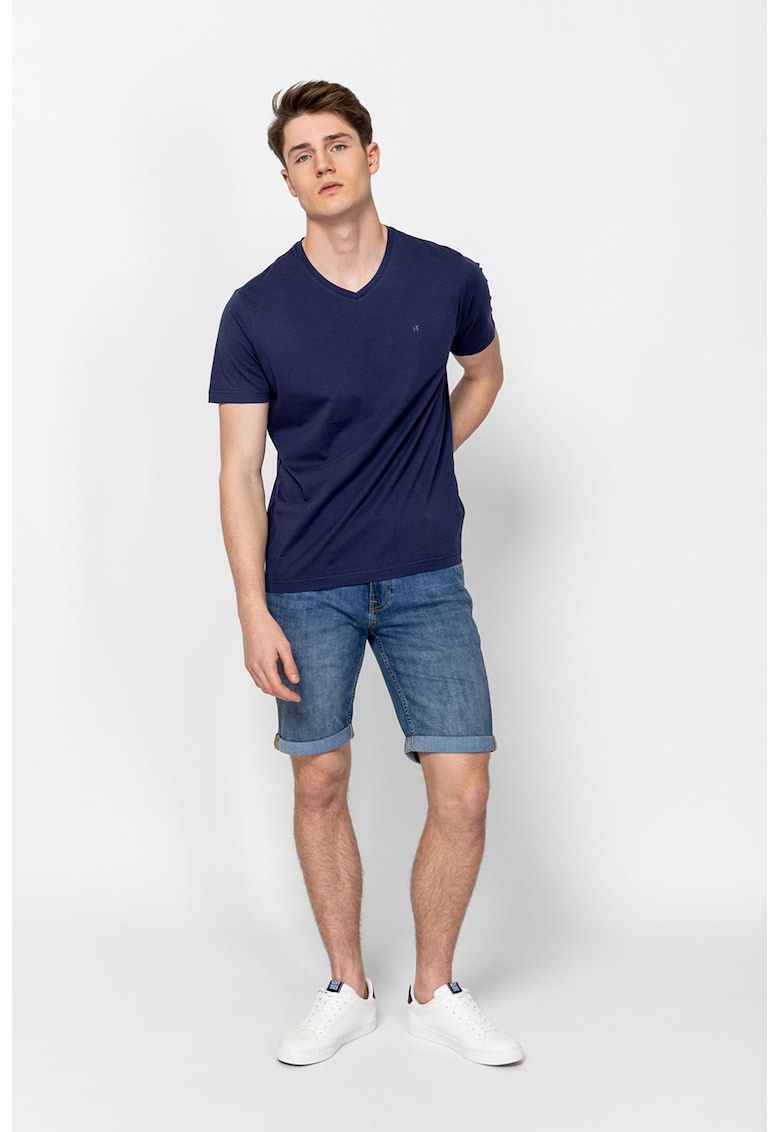 Tricou din bumbac cu decolteu in V - Bleumarin