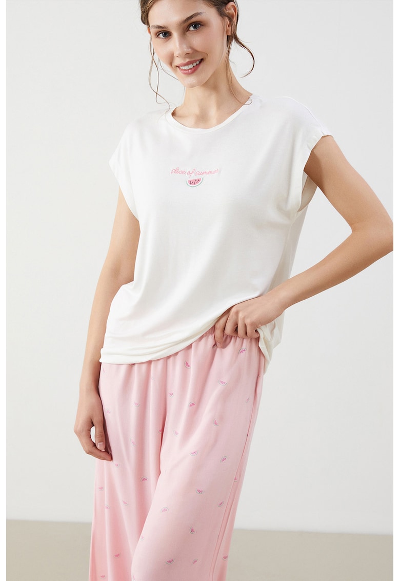 Pijama cu model grafic - Alb/Roz