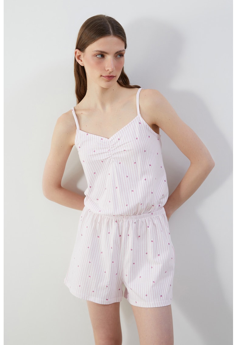Salopeta scurta de pijama cu model - Alb/Roz pal
