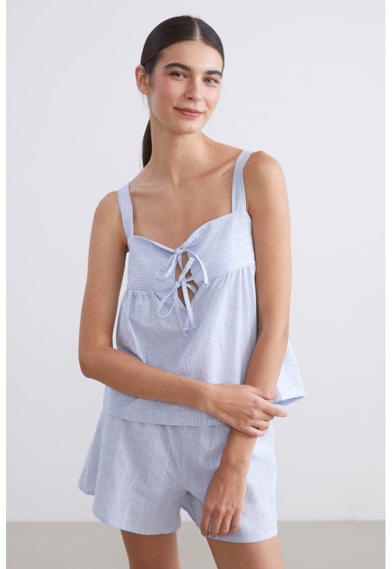 Pijama cu pantaloni scurti - dungi si prindere cu snururi - Albastru pastel