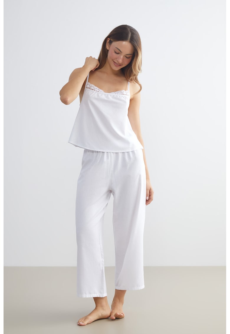 Pijama cu pantaloni lungi si top cu bretele inguste - Alb