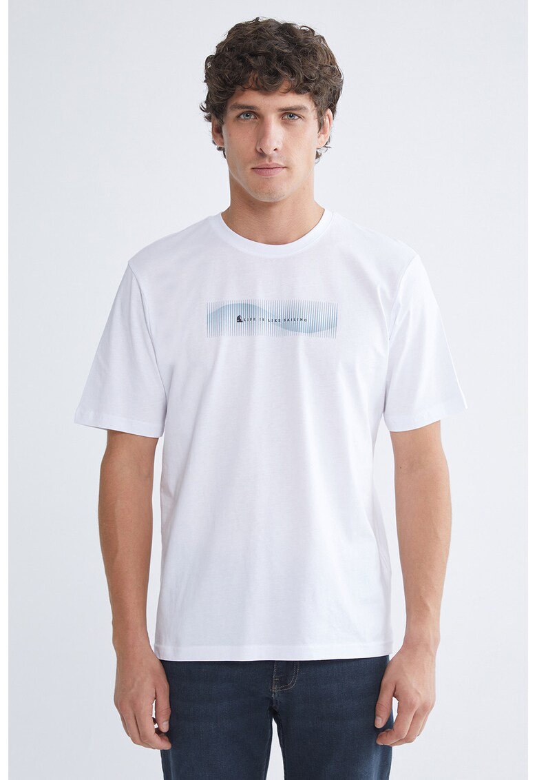 Tricou din bumbac cu decolteu la baza gatului si imprimeu grafic - Alb