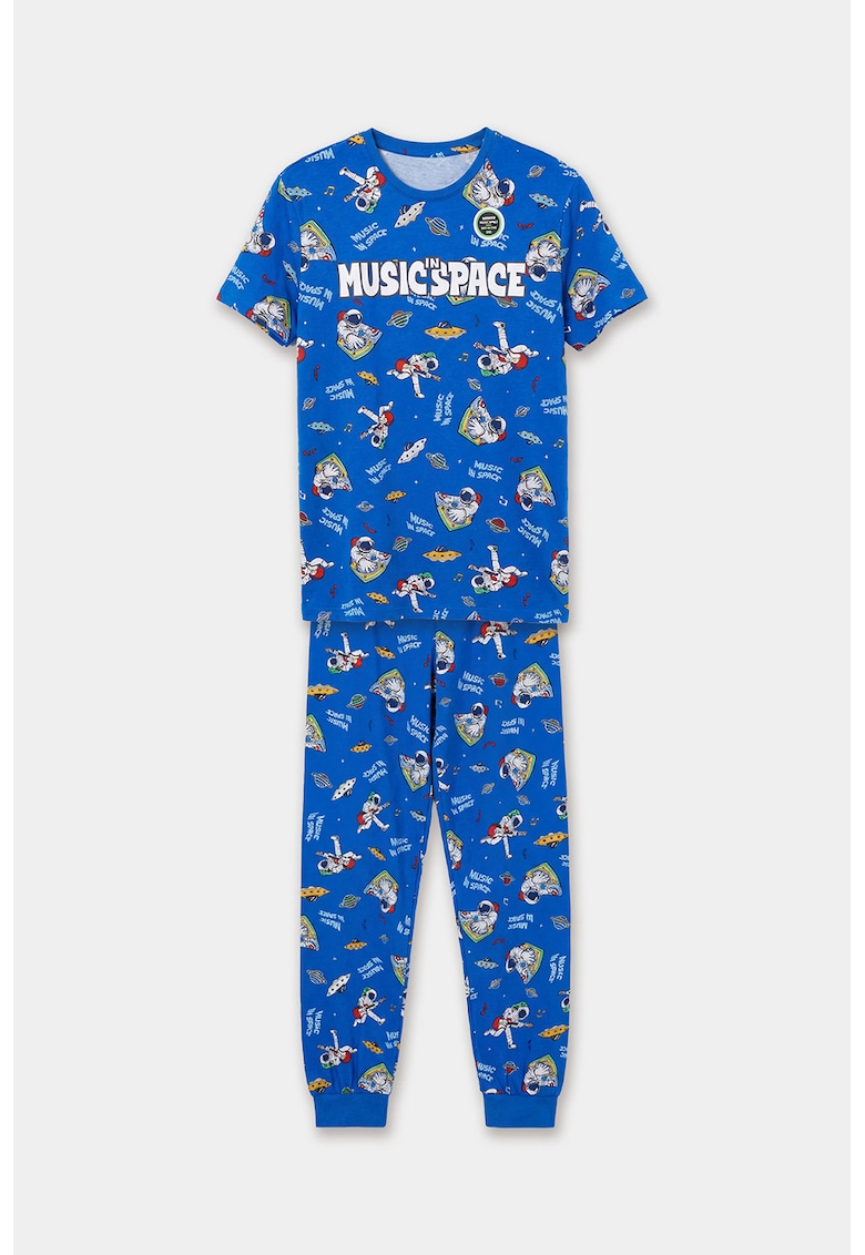 Pijama din bumbac cu imprimeu grafic - Albastru