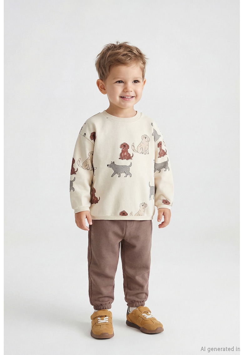 Set de pantaloni si bluza de trening cu imprimeu - 2 piese - Bej/Rosu stins