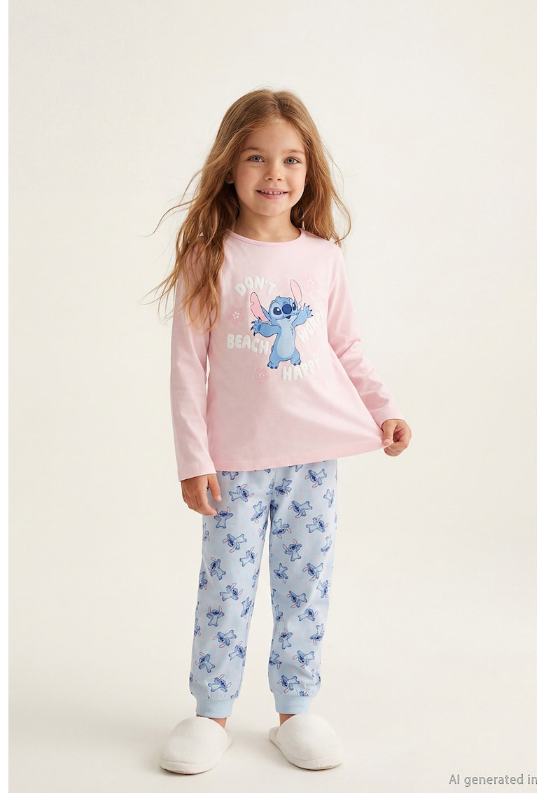 Pijama din bumbac cu model desene animate - Albastru pastel/Roz deschis
