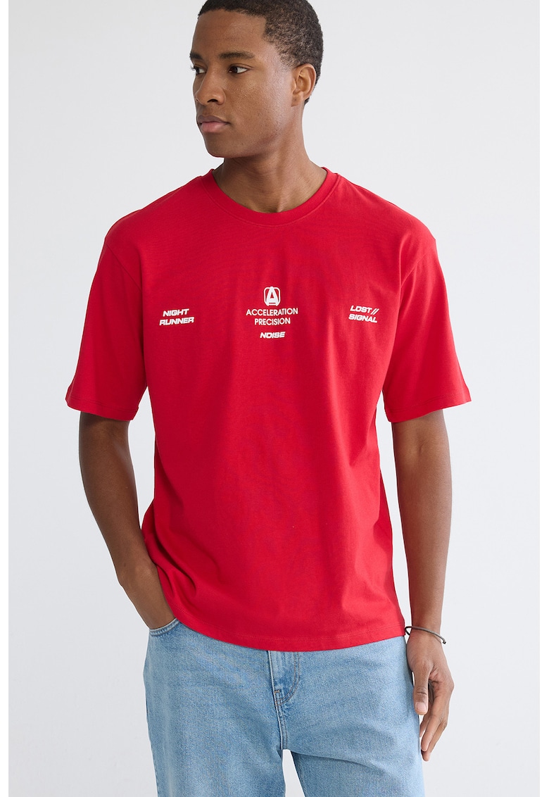 Tricou de bumbac cu imprimeu pe piept - Rosu vermillion