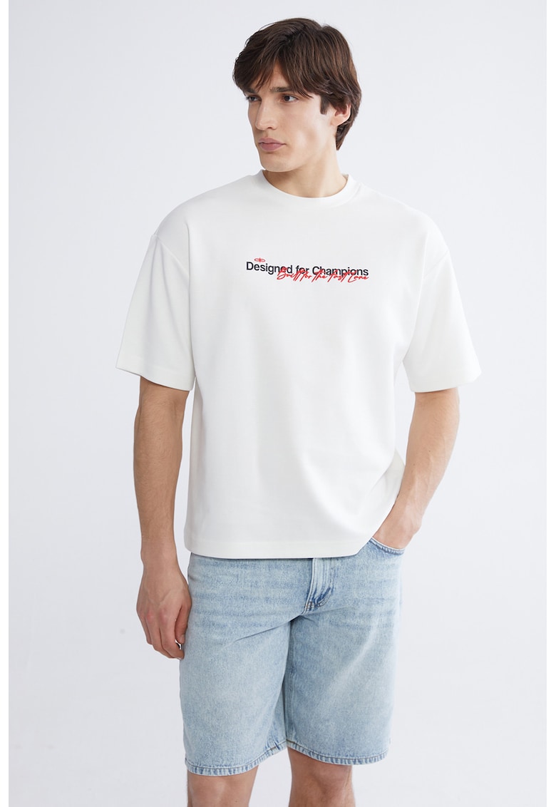 Tricou din amestec de bumbac cu imprimeu text - Alb