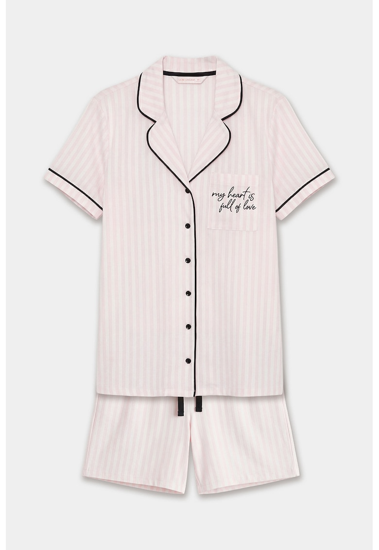 Pijama cu pantaloni scurti din bumbac si model in dungi - Alb/Roz pal