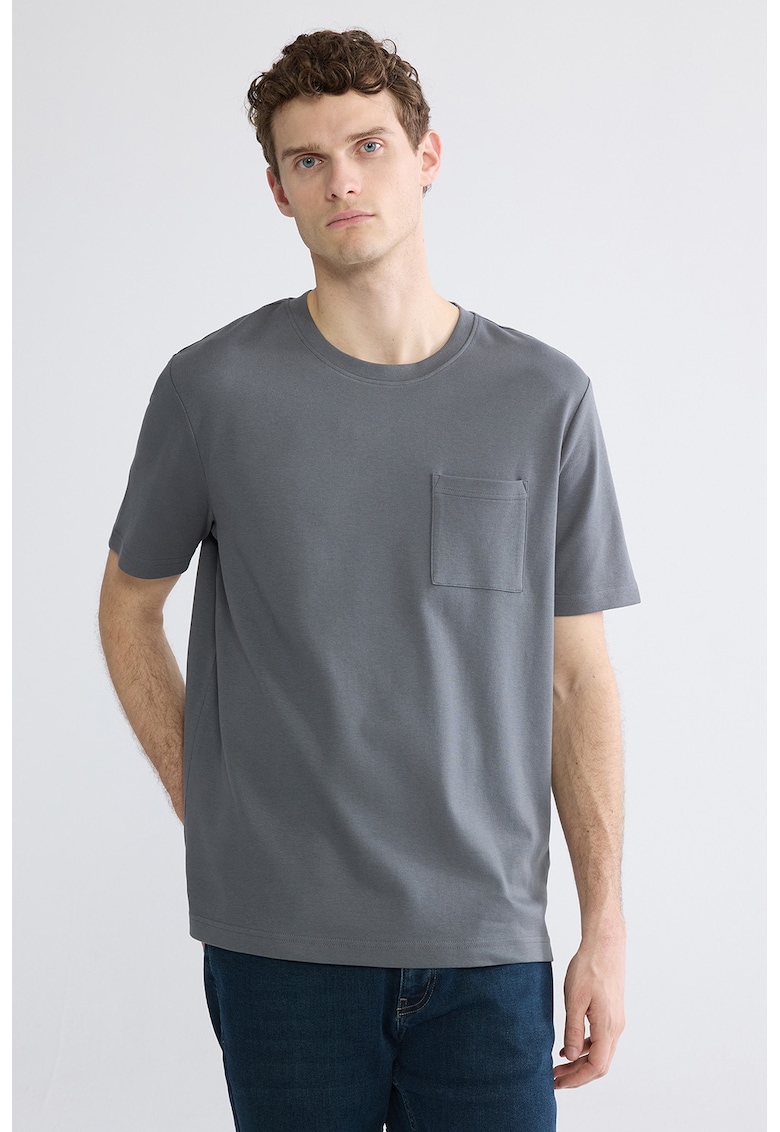 Tricou cu decolteu la baza gatului si buzunar pe piept - Gri inchis