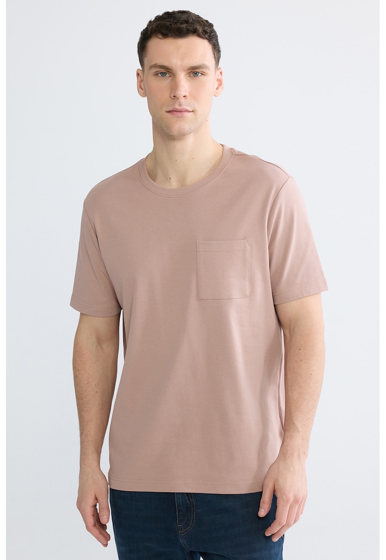 Tricou cu decolteu la baza gatului si buzunar pe piept - Roz prafuit
