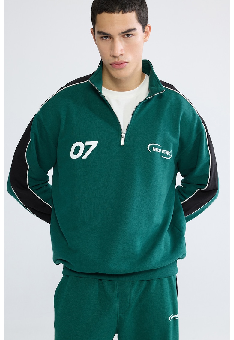 Bluza polo de trening cu fenta cu fermoar - Negru/Verde aquamarin