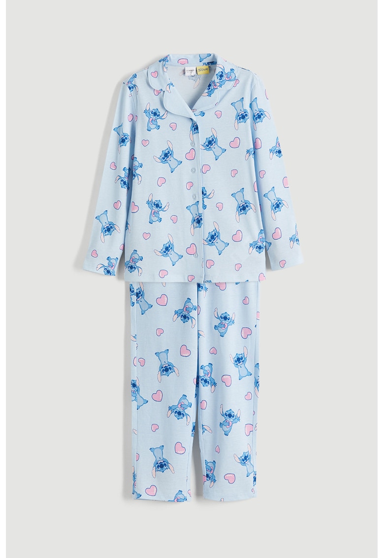 Pijama cu pantaloni lungi si model desene animate - Albastru pastel/Roz pastel