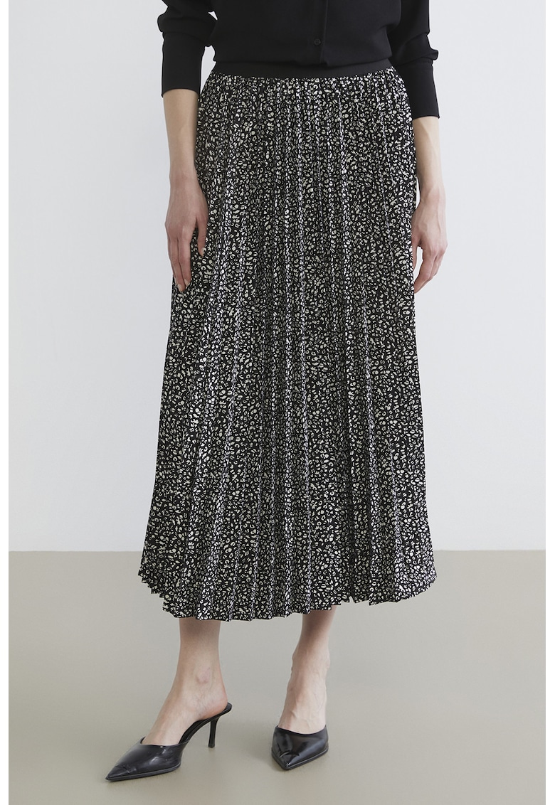 Fusta midi cu pliuri si animal print - Alb/Negru