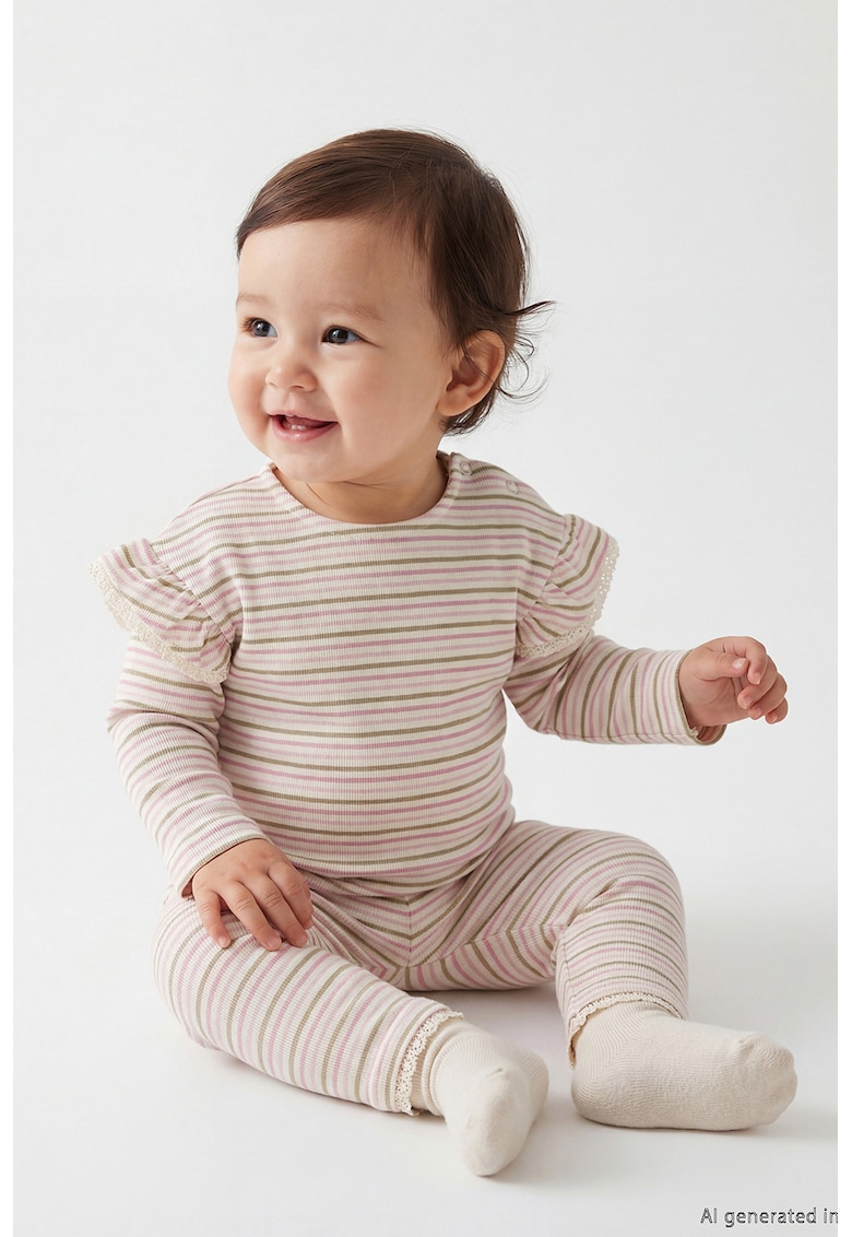 Set de bluza si pantaloni cu dungi - 2 piese - Alb fildes/Roz deschis/Maro pamantiu