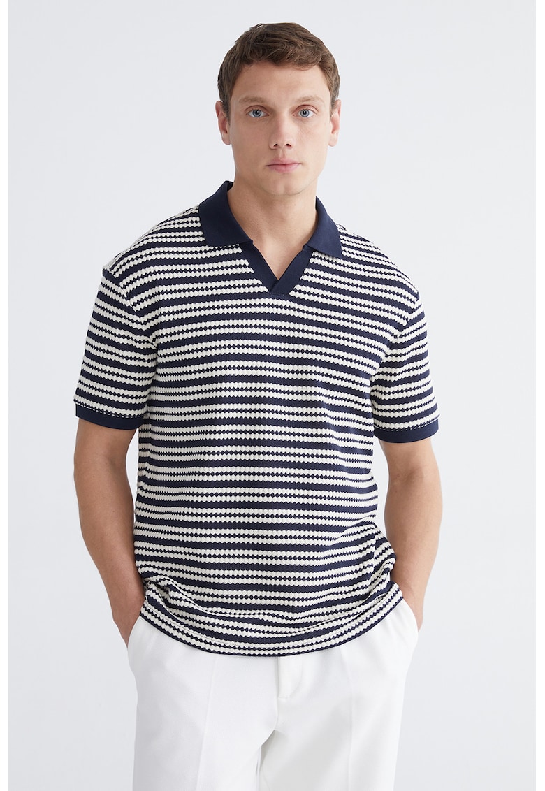 Tricou polo cu dungi - Alb fildes/Bleumarin