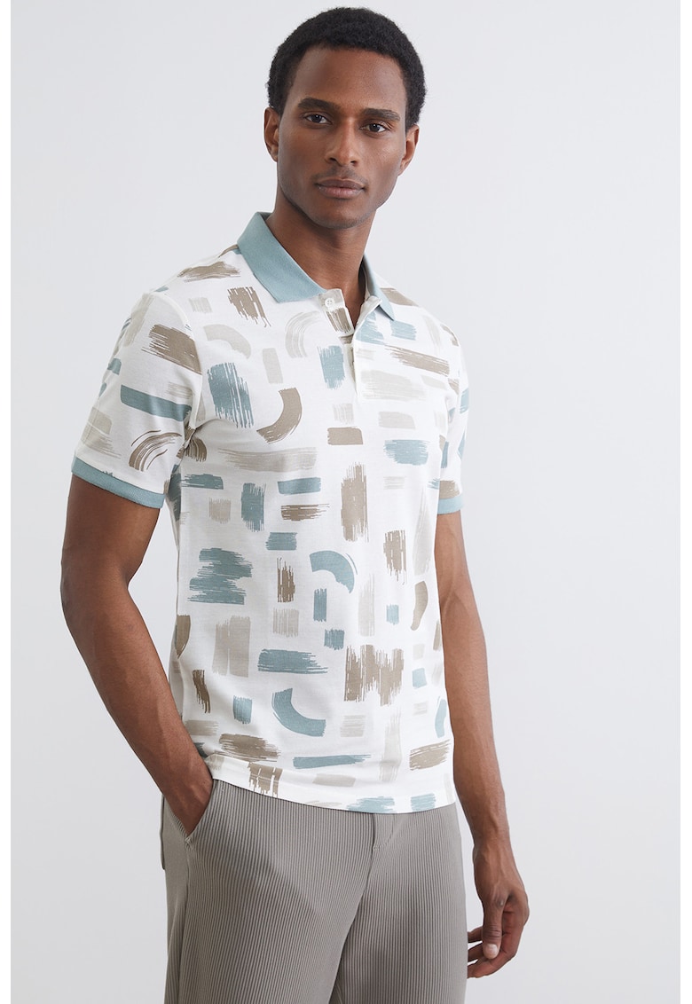 Tricou polo din bumbac cu model - Alb murdar/Verde menta/Maro pamantiu